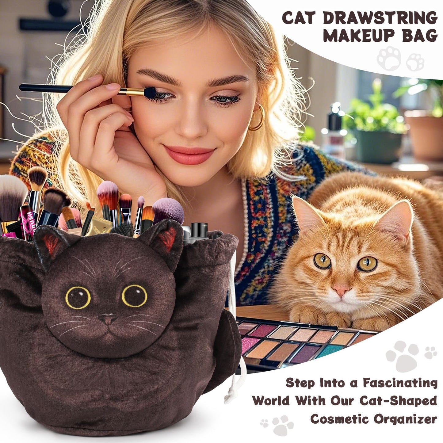 Openhahaha Drawstring Makeup Bag, Cat Makeup Bag, Travel Makeup Organizer, Cosmetic Pouch Bag, Cat Gift for Women, Lay Flat Makeup Bag Gifts for Cat Lovers