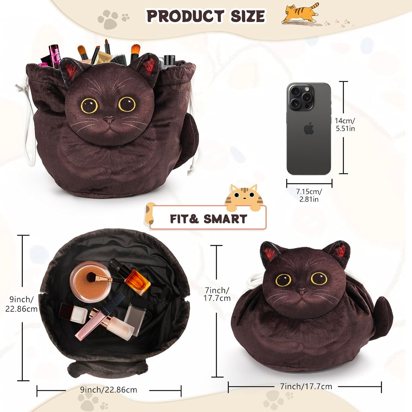 Openhahaha Drawstring Makeup Bag, Cat Makeup Bag, Travel Makeup Organizer, Cosmetic Pouch Bag, Cat Gift for Women, Lay Flat Makeup Bag Gifts for Cat Lovers
