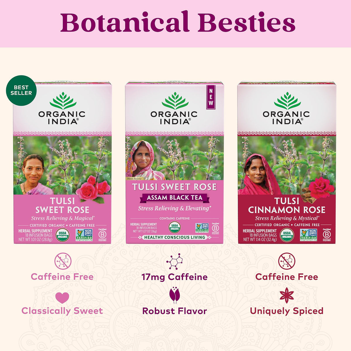 Organic India Tulsi Sweet Rose Herbal Tea – Caffeine-Free, Stress Relief & Immune Support | 18 Bags x 6 Pack