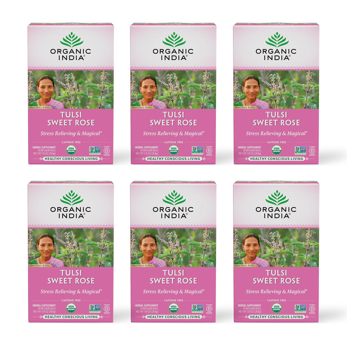 Organic India Tulsi Sweet Rose Herbal Tea – Caffeine-Free Tulsi Blend with Rose & Chamomile, USDA Organic, 18 Infusion Bags (6 Pack)