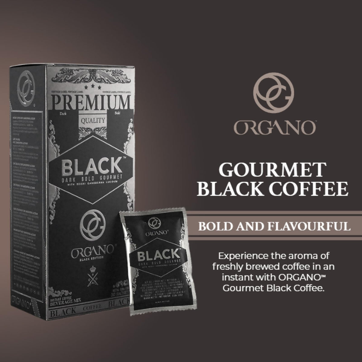ORGANO Gourmet Black Coffee with Ganoderma Lucidum – 3 Boxes (90 Sachets) | Rich Dark Roast