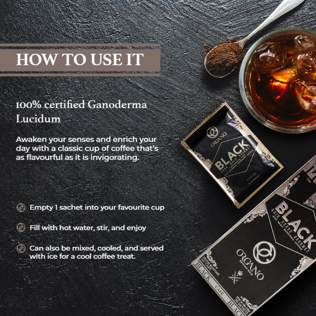 ORGANO Gourmet Black Coffee with Ganoderma Lucidum – 3 Boxes (90 Sachets) | Rich Dark Roast