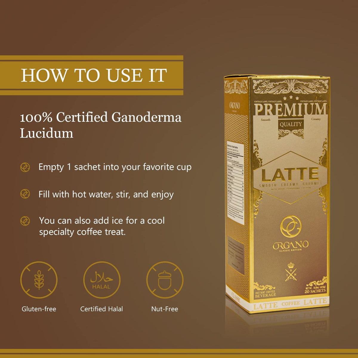 ORGANO Gourmet Cafe Latte – 3 Boxes, 60 Sachets, 100% Certified Ganoderma Lucidum