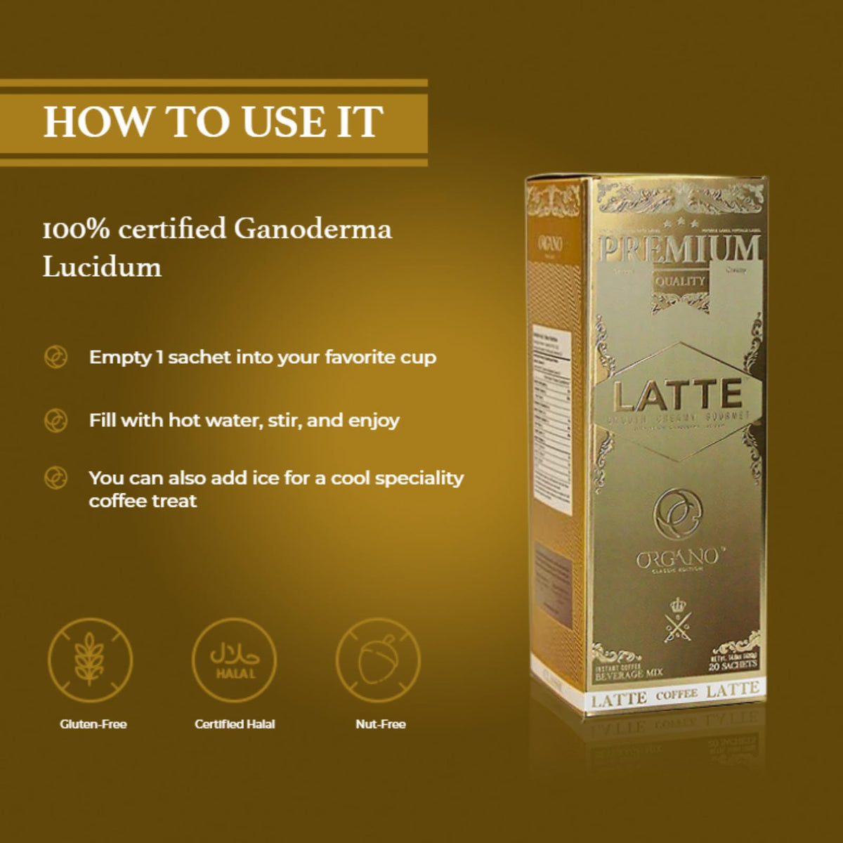 ORGANO Gourmet Cafe Latte – Certified Ganoderma Lucidum, 20 Sachets
