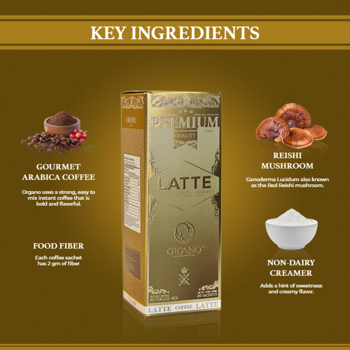 ORGANO Gourmet Cafe Latte – Certified Ganoderma Lucidum, 20 Sachets