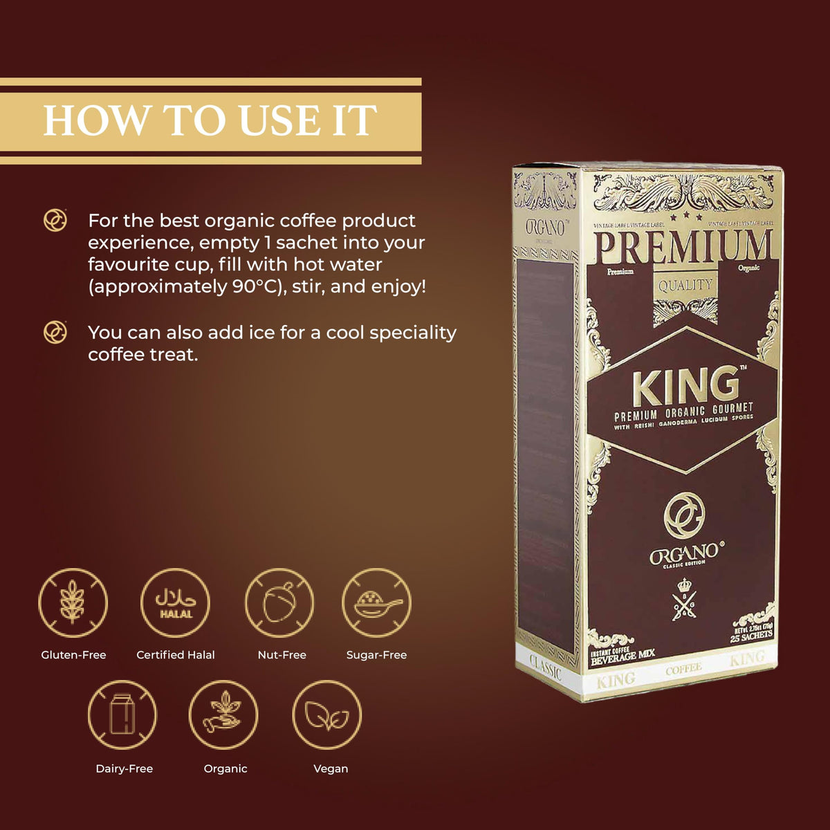 ORGANO King of Coffee – 100% Ganoderma Lucidum, 25 Sachets