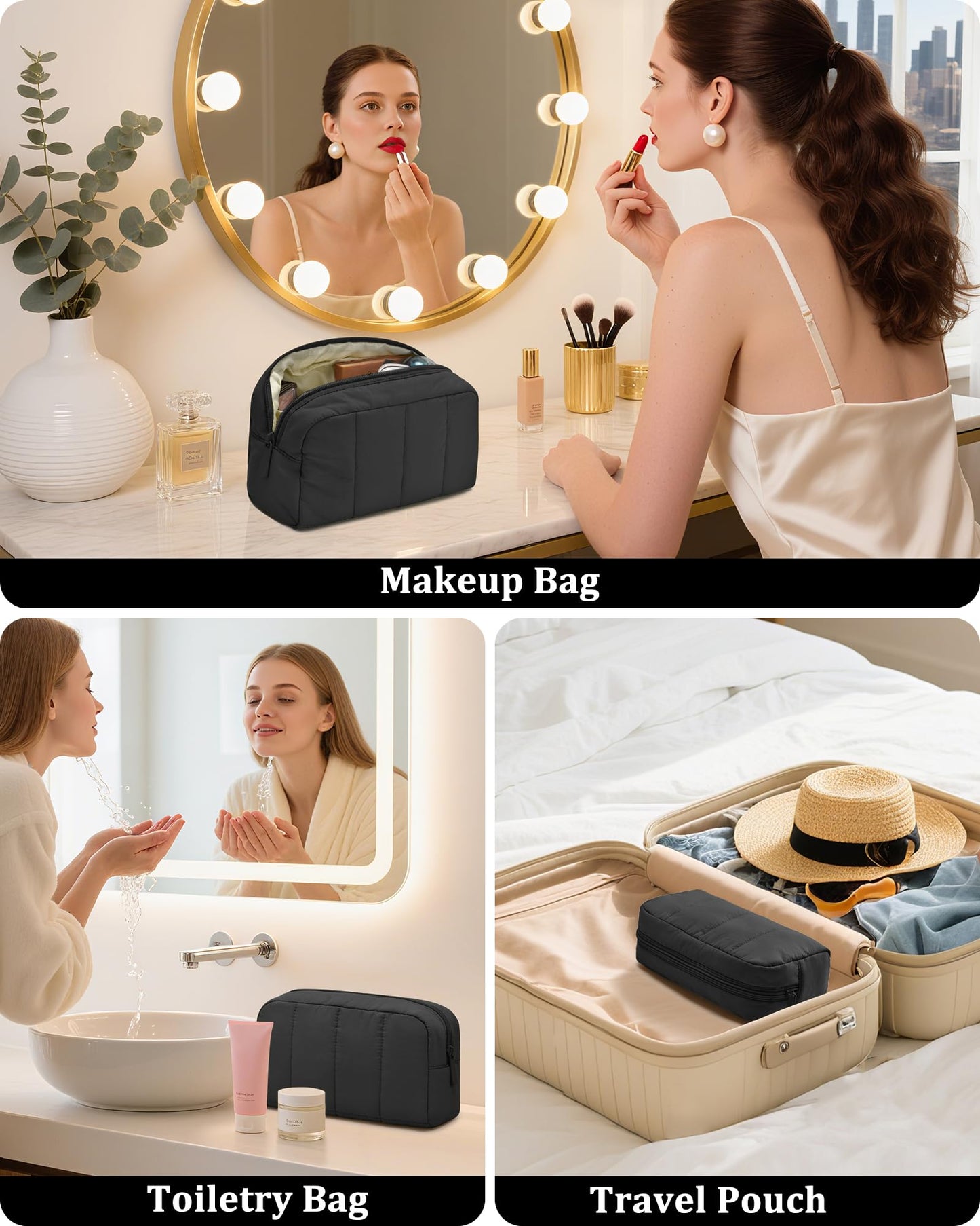 oscaurt Makeup Bag Cosmetic Bag Travel Toiletry Bag for Women Puffy Padded Cosmetic Pouch Purse Wide-open Makeup Organizer Case Travel Essentials