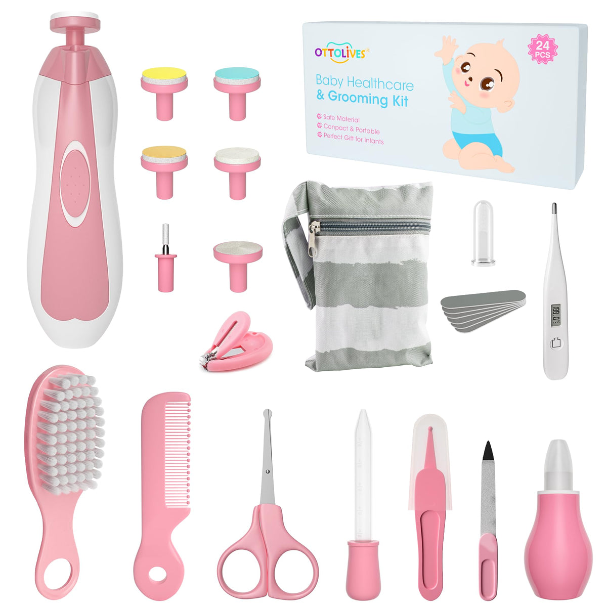 OTTOLIVES Baby Grooming Kit with Electric Nail Trimmer, 0-3 Years+, Pink