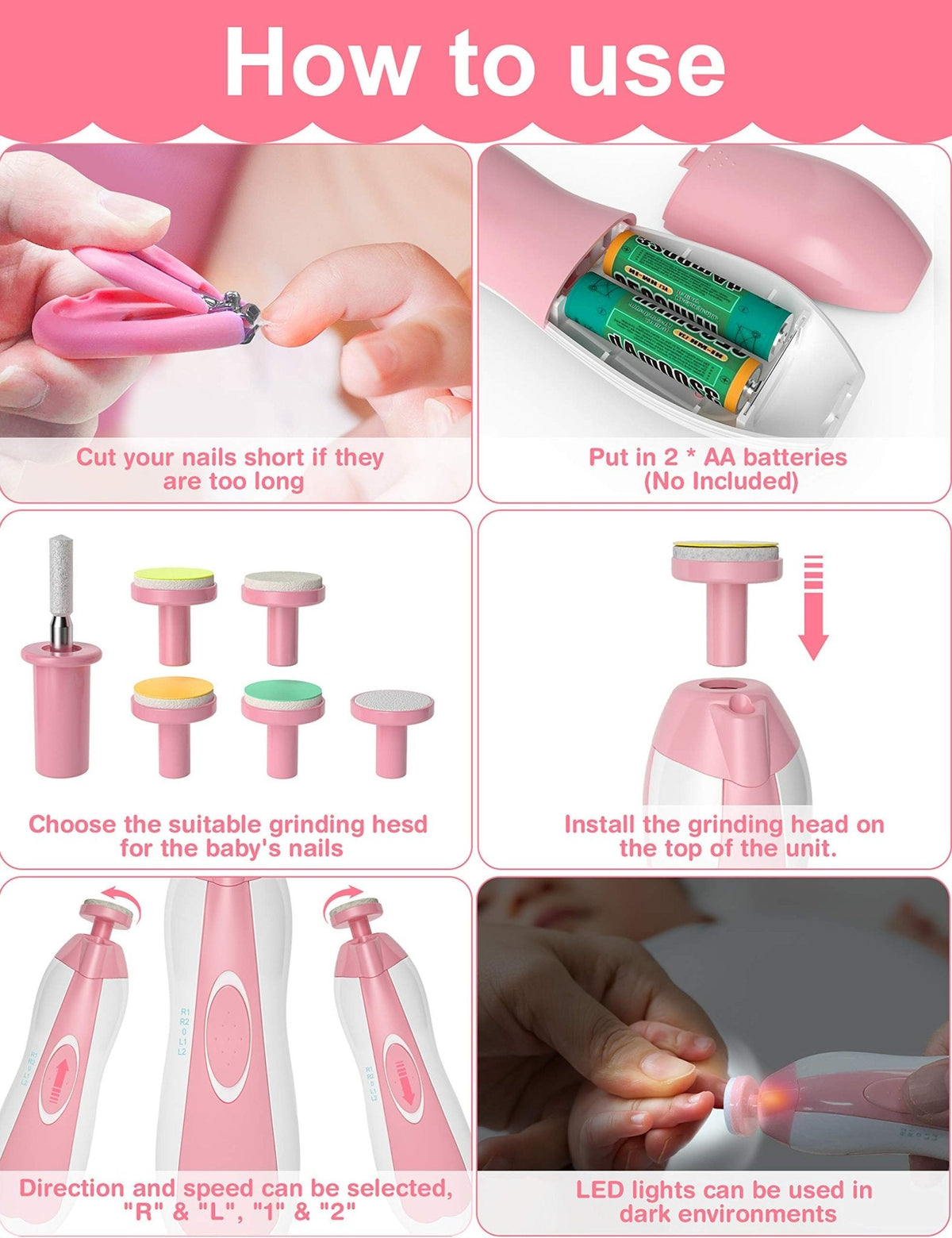 OTTOLIVES Baby Grooming Kit with Electric Nail Trimmer, 0-3 Years+, Pink