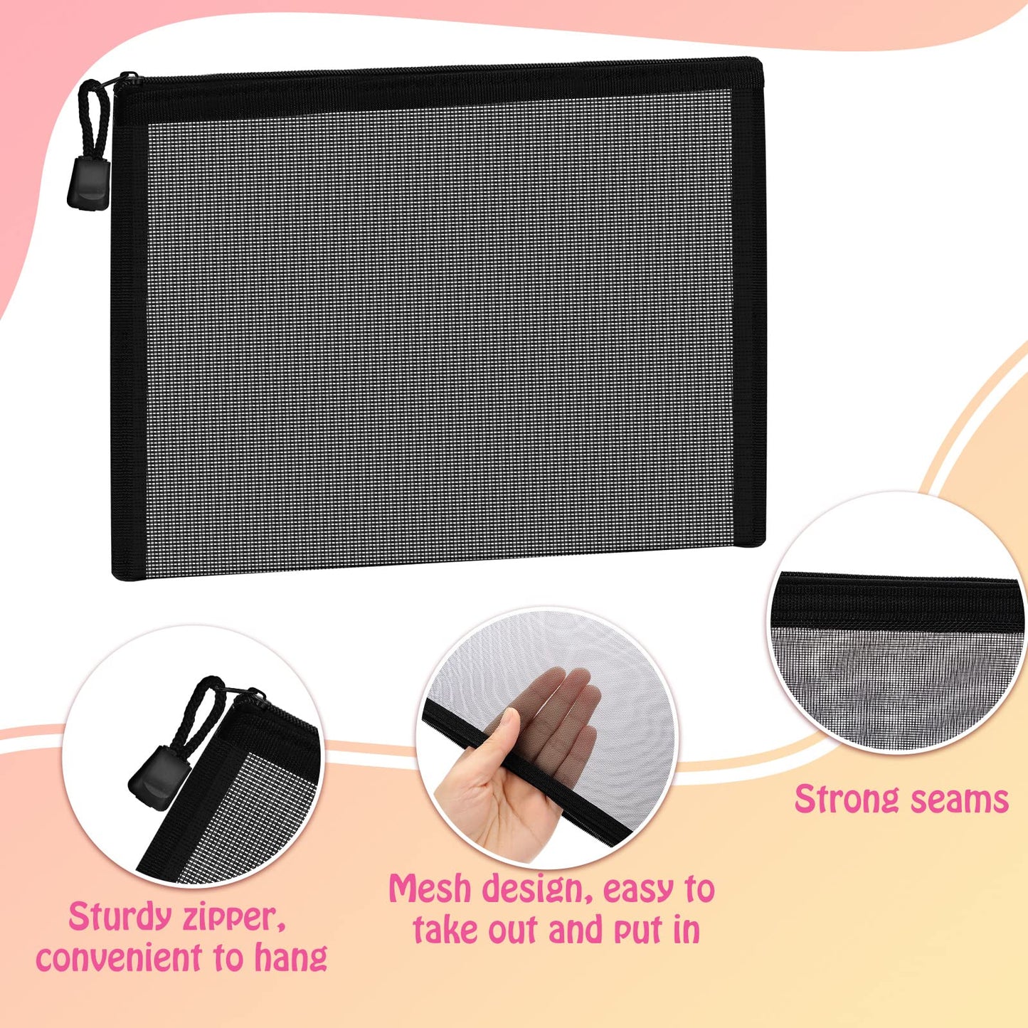Outus 15 Pcs Mesh Bag with Zipper,9.84x7.09, 7.87x3.94, 5x3.94 Inches,Black