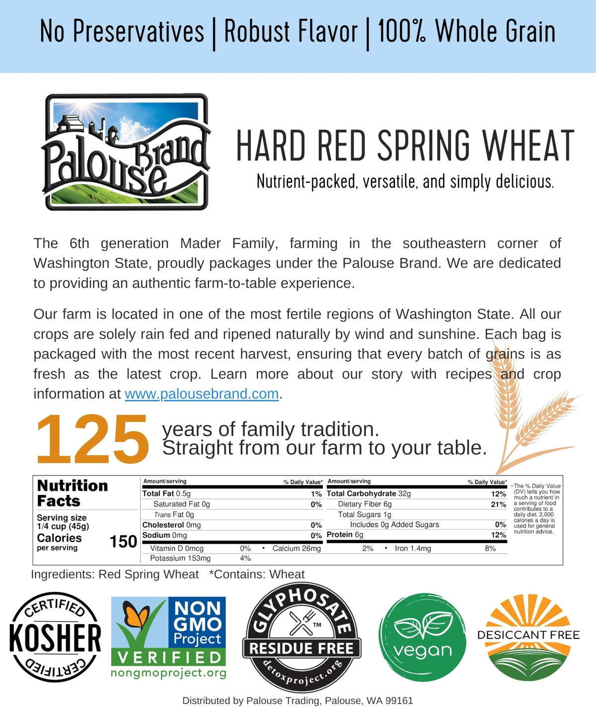 Palouse Brand Glyphosate Residue Free Hard Red Spring Wheat Berries | 25 LBS Bucket | Sproutable, Non-GMO Project Verified, Kosher | Washington Farm