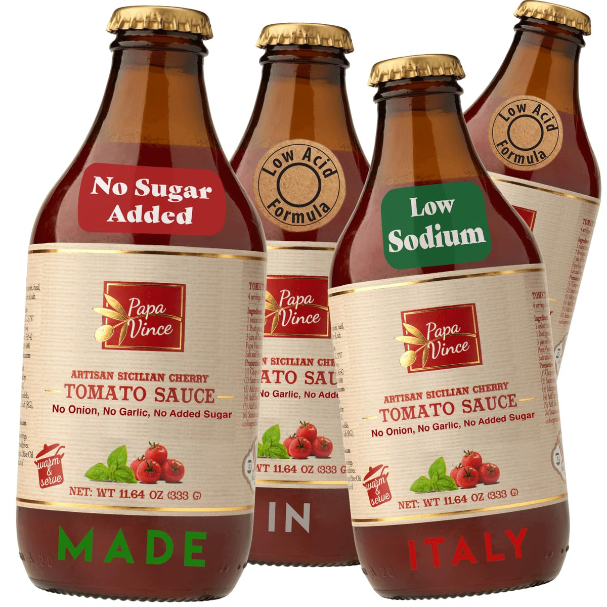 Papa Vince Pasta Tomato Sauce | Garlic-Free, Low Sodium, Gluten Free, Non-GMO, Sicily Organic Cherry Tomatoes, Small Batch