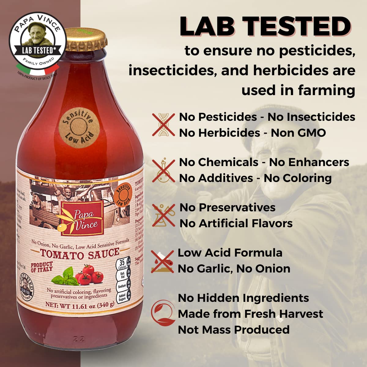 Papa Vince Pasta Tomato Sauce | Garlic-Free, Low Sodium, Gluten Free, Non-GMO, Sicily Organic Cherry Tomatoes, Small Batch