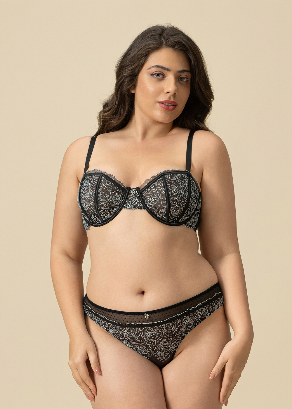 PATTY Plus Sexy Black Lace Unlined Wired Balconette Demi Bra