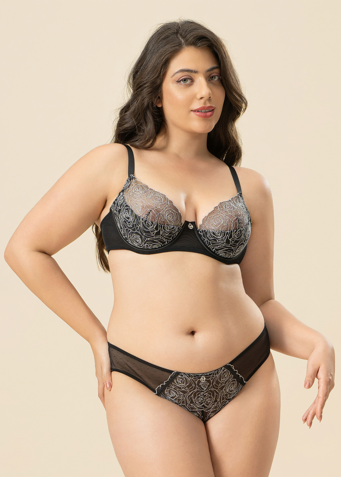 PAULA Plus Sexy Black Lace Unlined Demi Bra In Sparkling Embroidery