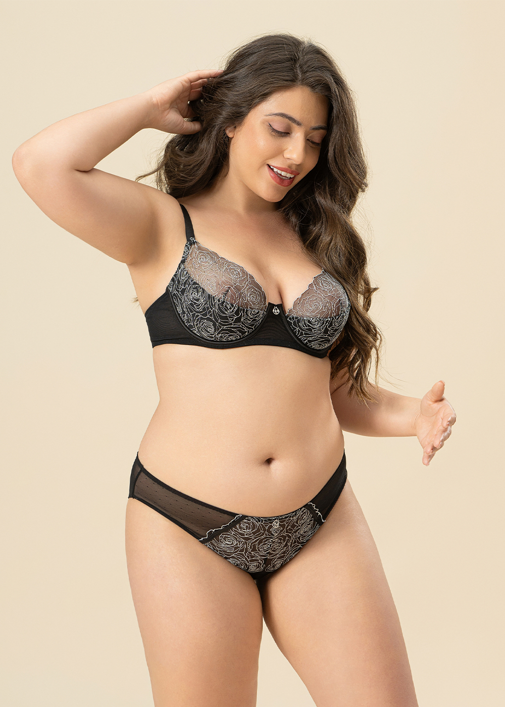 PAULA Plus Sexy Black Lace Unlined Demi Bra In Sparkling Embroidery