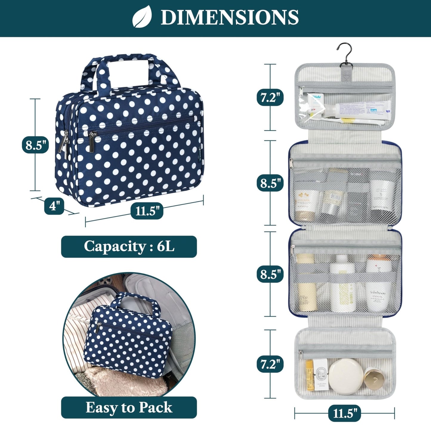 PAVILIA Hanging Toiletry Bag for Women, Portable Makeup Organizer, Navy Dot