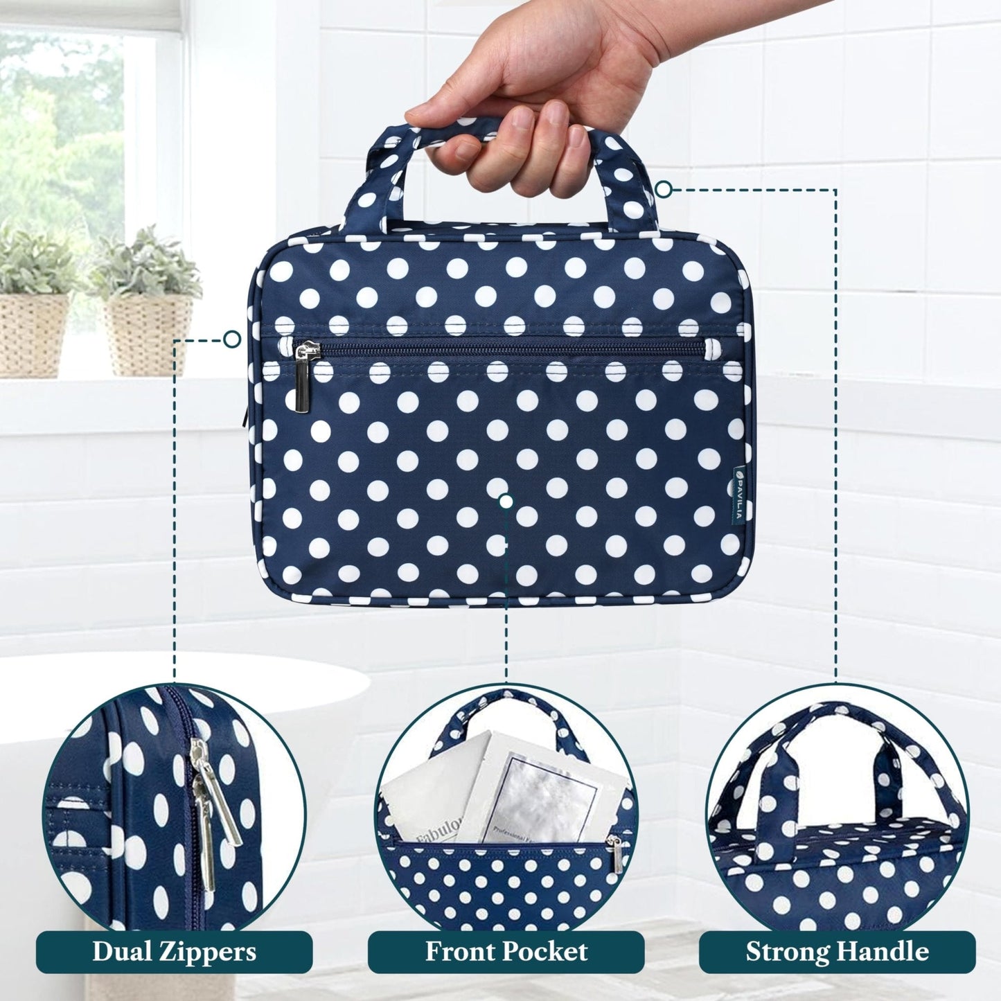 PAVILIA Hanging Toiletry Bag for Women, Portable Makeup Organizer, Navy Dot