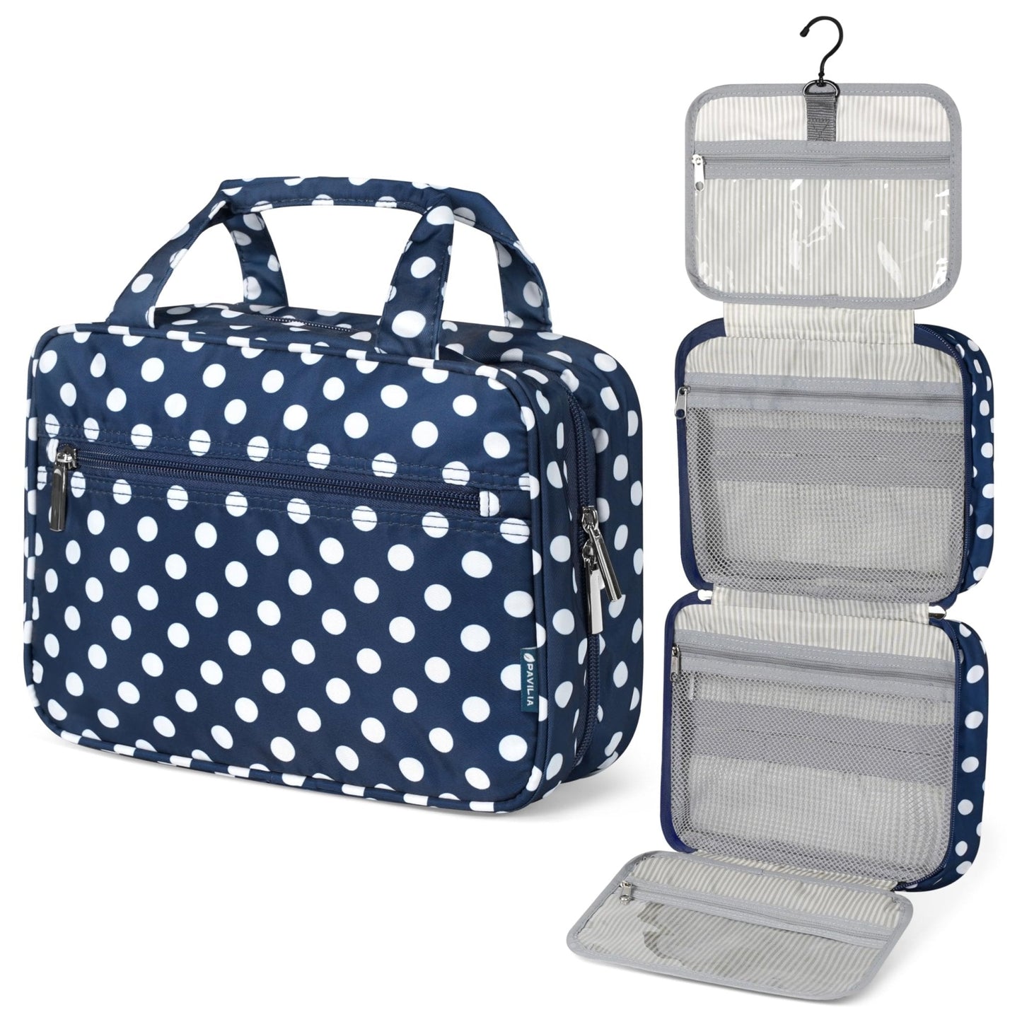 PAVILIA Hanging Toiletry Bag for Women, Portable Makeup Organizer, Navy Dot