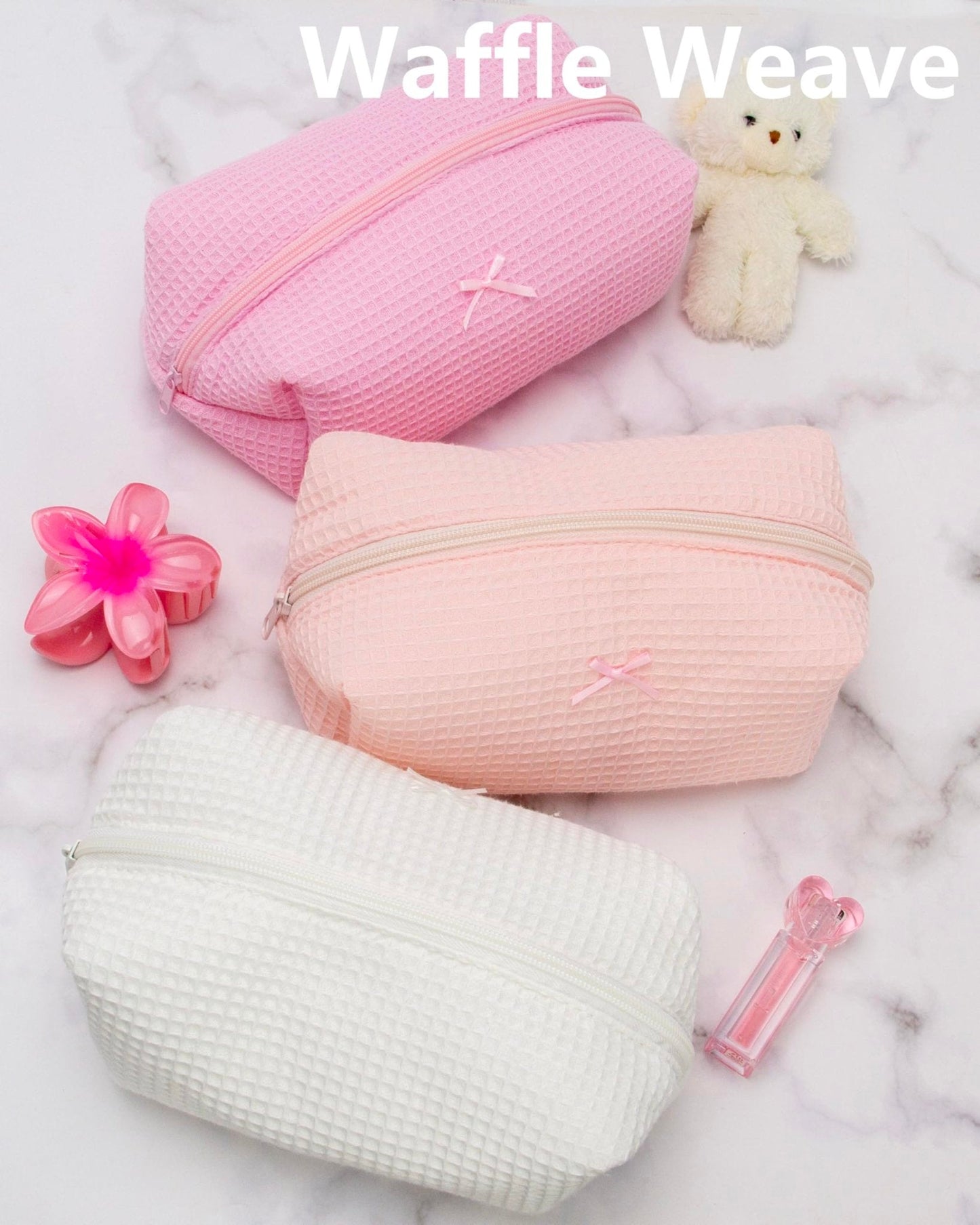PAZIMIIK Cozy Makeup Bag for Women,Zipper Cosmetic Pouch,Waffle Pink,2 Pack