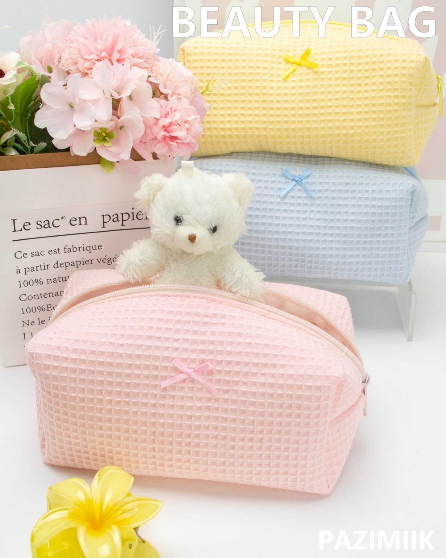 PAZIMIIK Cozy Makeup Bag for Women,Zipper Cosmetic Pouch,Waffle Pink,2 Pack
