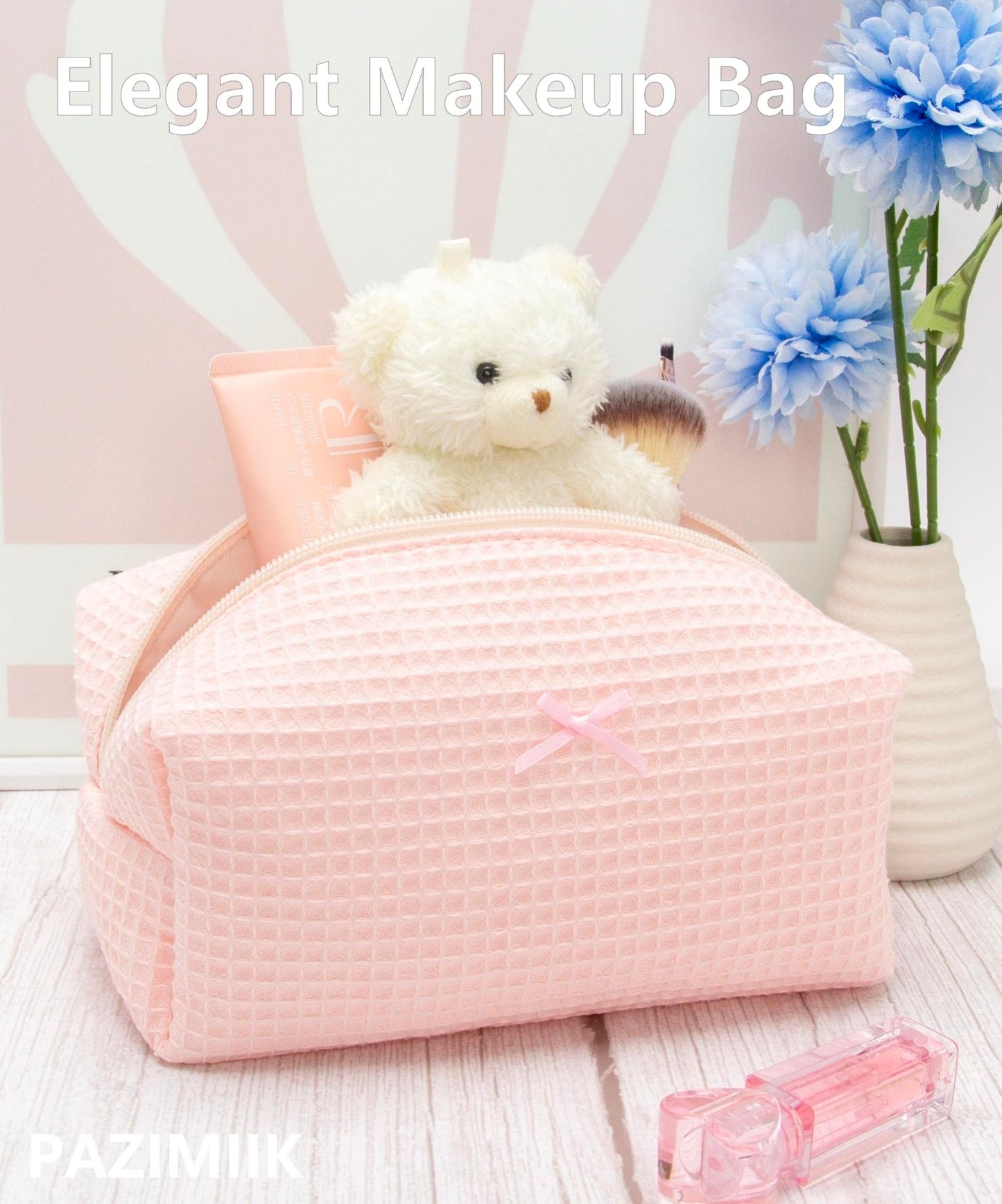 PAZIMIIK Cozy Makeup Bag for Women,Zipper Cosmetic Pouch,Waffle Pink,2 Pack