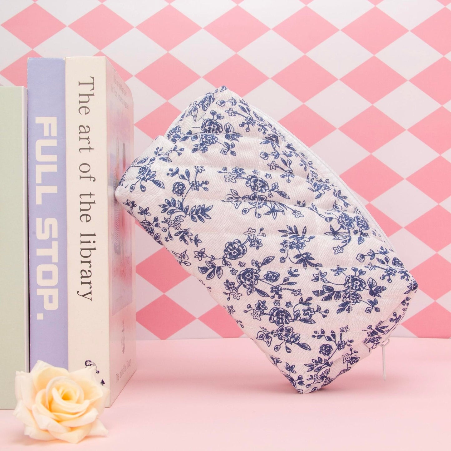 PAZIMIIK Small Quilted Makeup Bag,Zipper Cosmetic Pouch,Jouy Blue