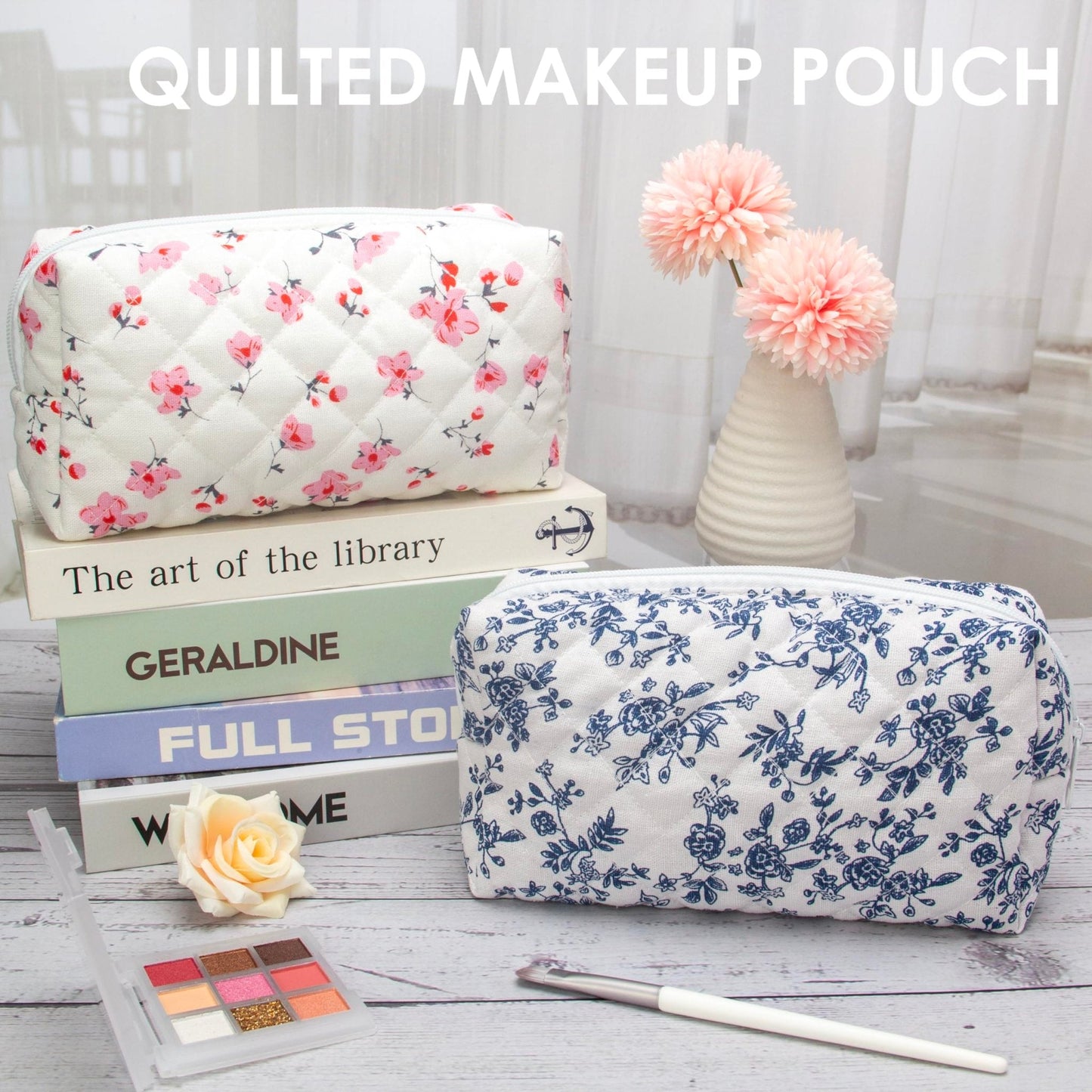 PAZIMIIK Small Quilted Makeup Bag,Zipper Cosmetic Pouch,Jouy Blue