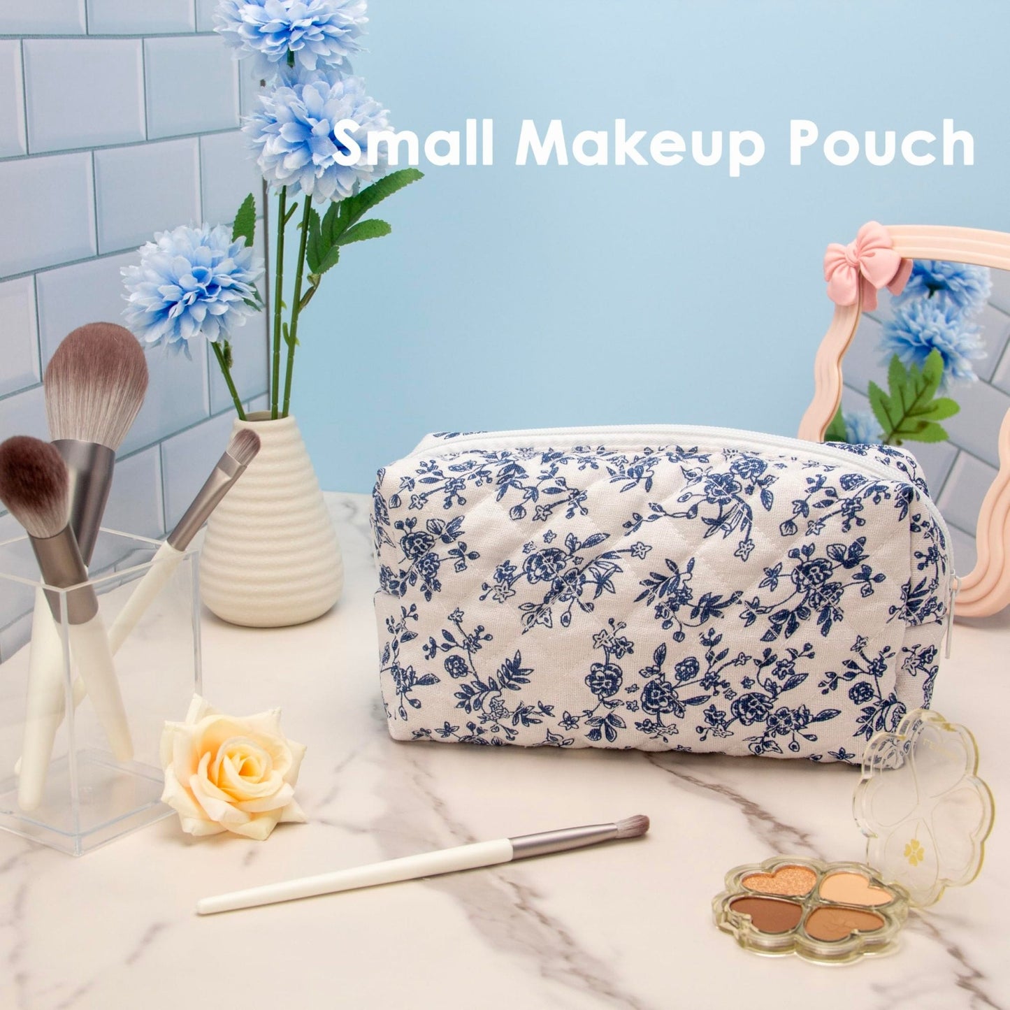 PAZIMIIK Small Quilted Makeup Bag,Zipper Cosmetic Pouch,Jouy Blue