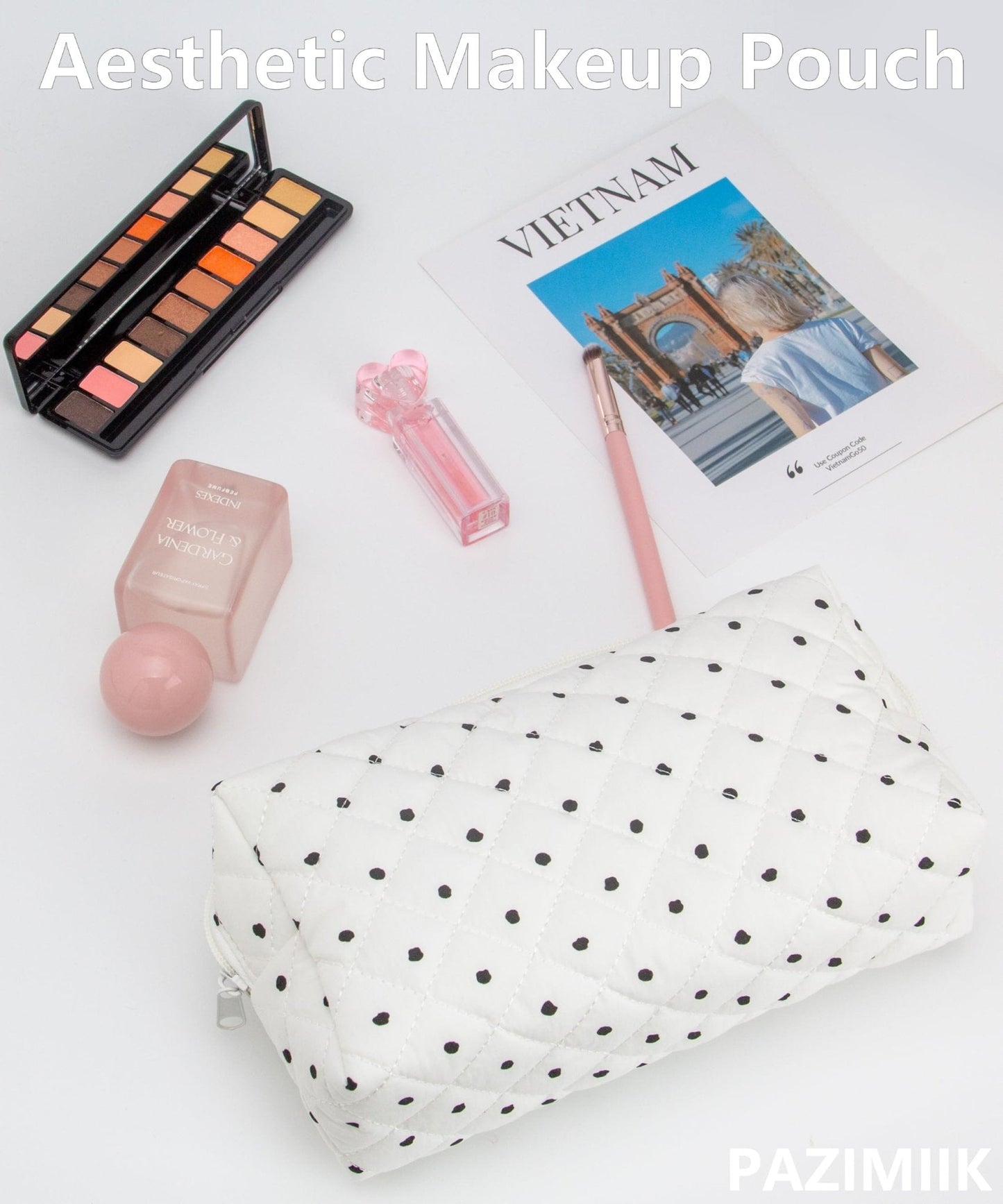 PAZIMIIK Small Quilted Makeup Bag,Zipper Cosmetic Pouch,Polka Dot White