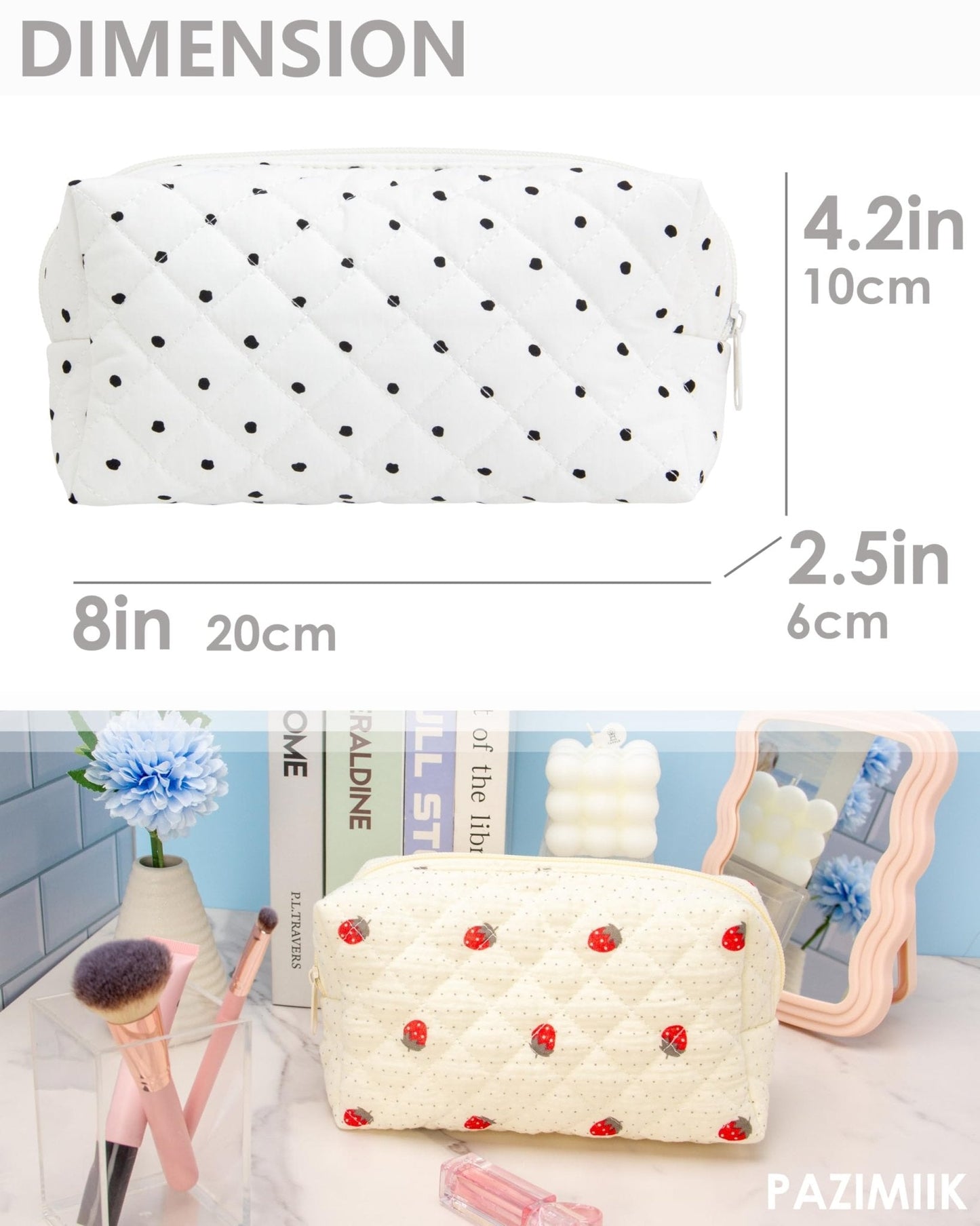 PAZIMIIK Small Quilted Makeup Bag,Zipper Cosmetic Pouch,Polka Dot White