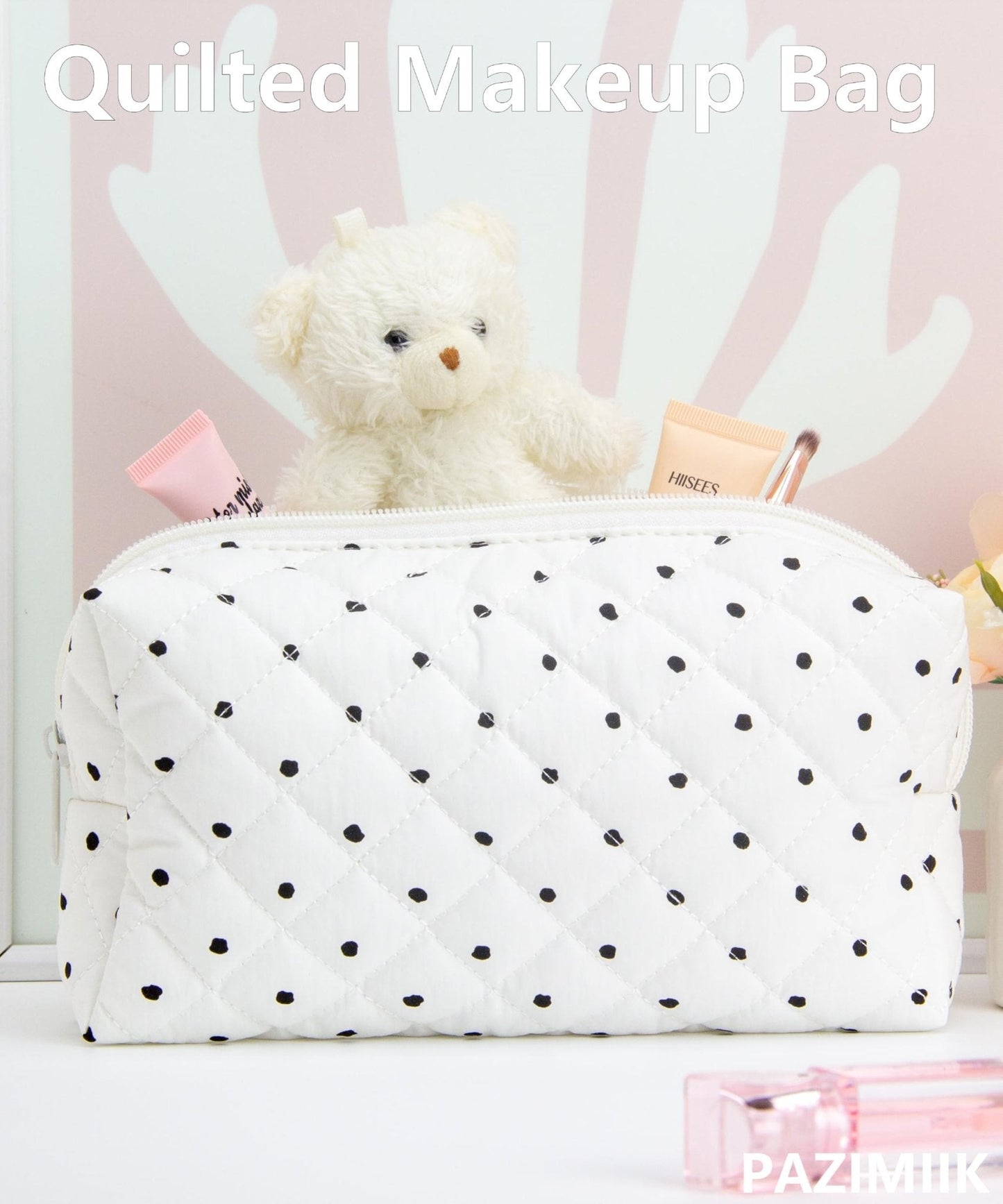 PAZIMIIK Small Quilted Makeup Bag,Zipper Cosmetic Pouch,Polka Dot White