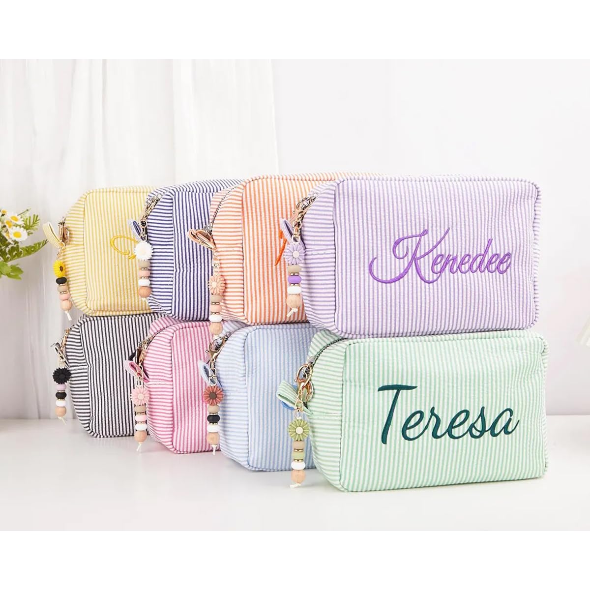 Personalized Cosmetic Bag with Name, Cute Custom Makeup Bags for Women Girls Seersucker Bridesmaid Travel Bag, Organizer Storage Pouch, Cute Pattern, Available to Match Travel Bags