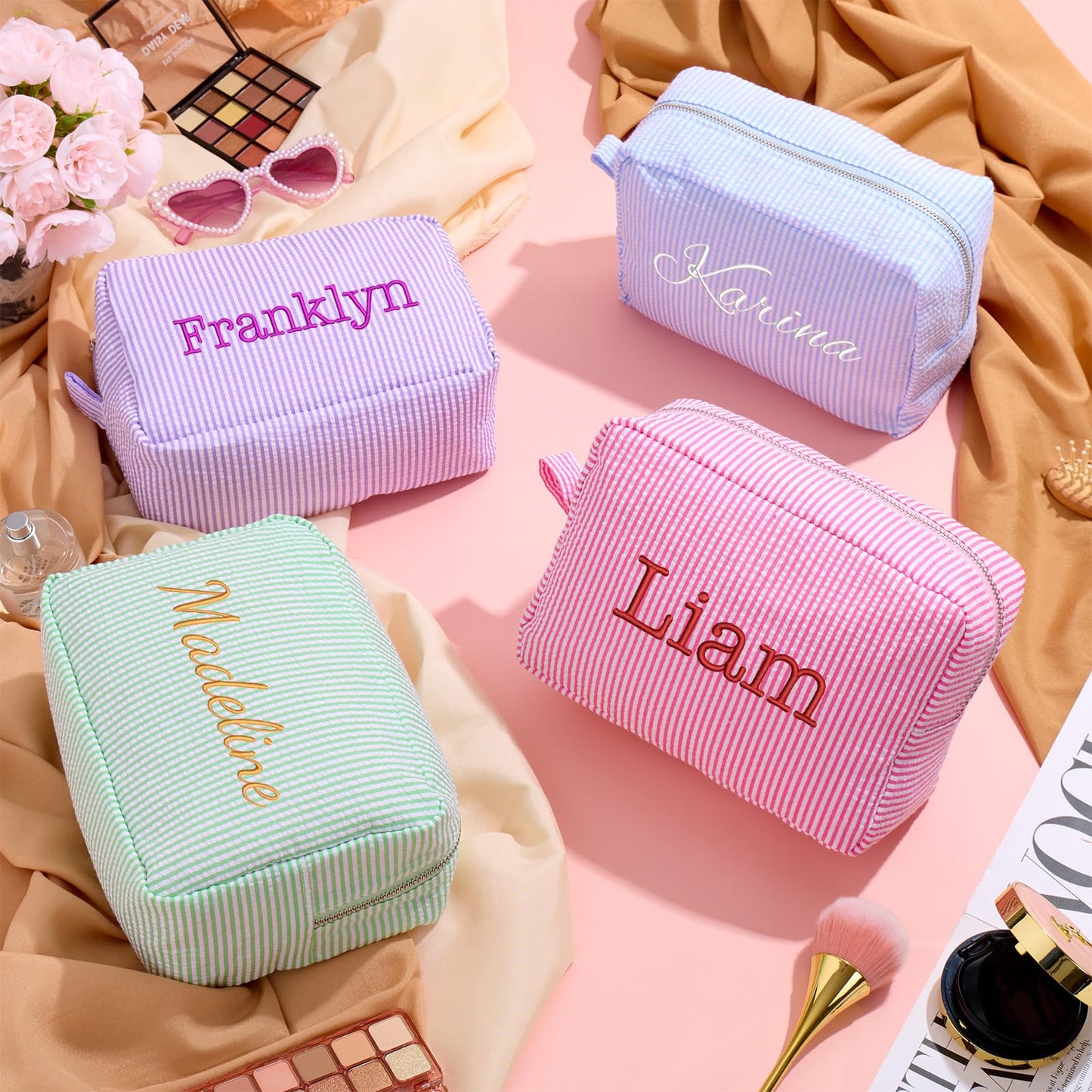 Personalized Cosmetic Bag with Name, Cute Custom Makeup Bags for Women Girls Seersucker Bridesmaid Travel Bag, Organizer Storage Pouch, Cute Pattern, Available to Match Travel Bags