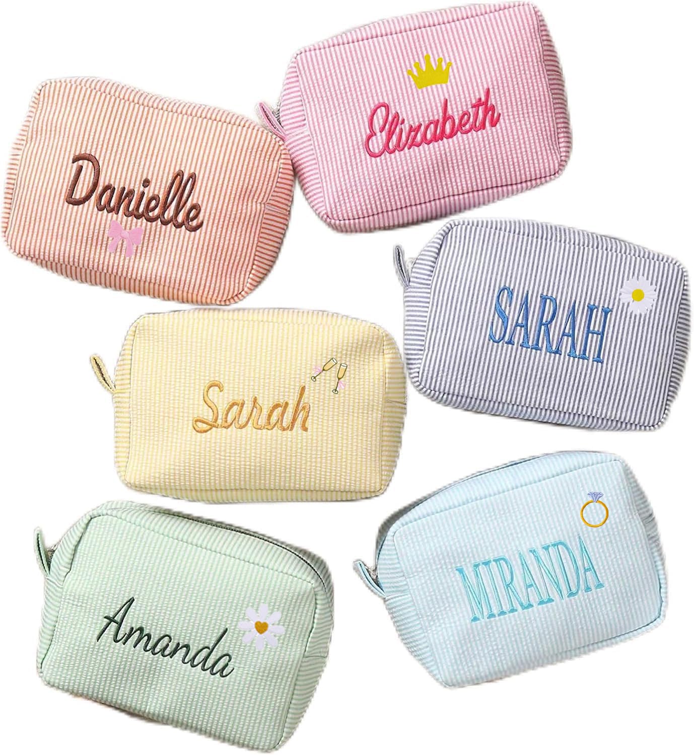 Personalized Cosmetic Bag with Name, Cute Custom Makeup Bags for Women Girls Seersucker Bridesmaid Travel Bag, Organizer Storage Pouch, Cute Pattern, Available to Match Travel Bags