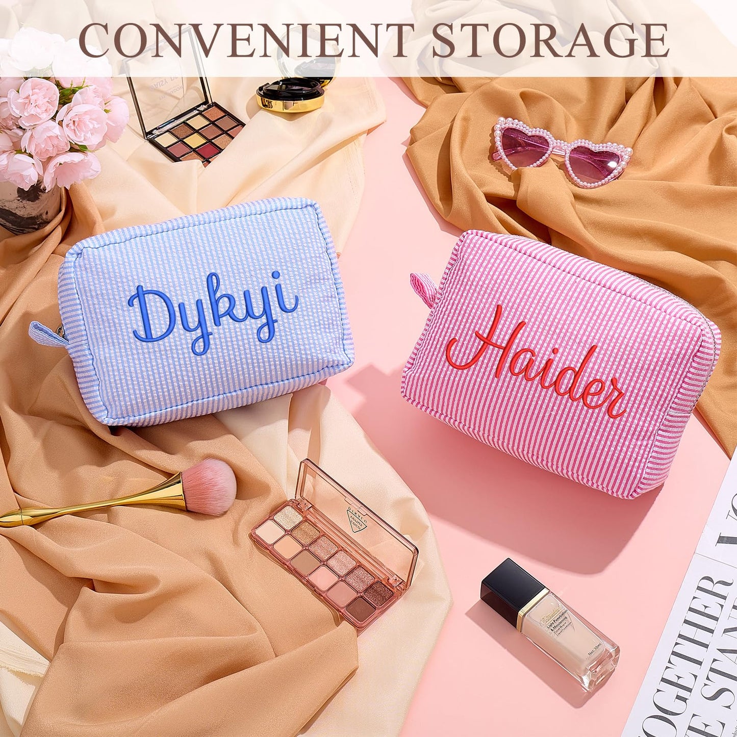 Personalized Cosmetic Bag with Name, Cute Custom Makeup Bags for Women Girls Seersucker Bridesmaid Travel Bag, Organizer Storage Pouch, Cute Pattern, Available to Match Travel Bags