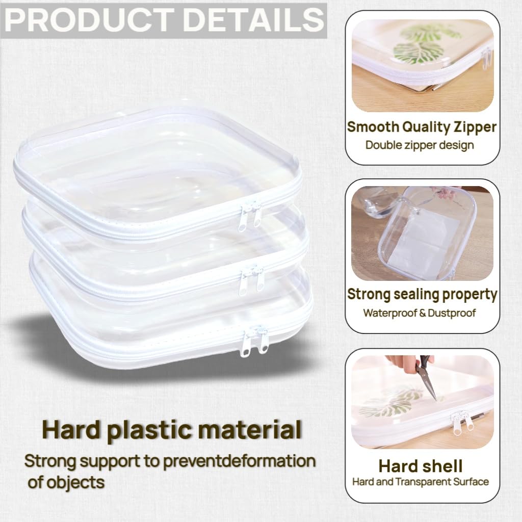PGAXM 3PCS Clear Hard Plastic Zipper Case, Double Zippers Hard Pouch, Portable Travel Organizer Bin Clear Makeup Bag for Toy Storage, Snack Bag, Cosmetics, Diaper Bag, Toiletry Bag (3PCS-L)