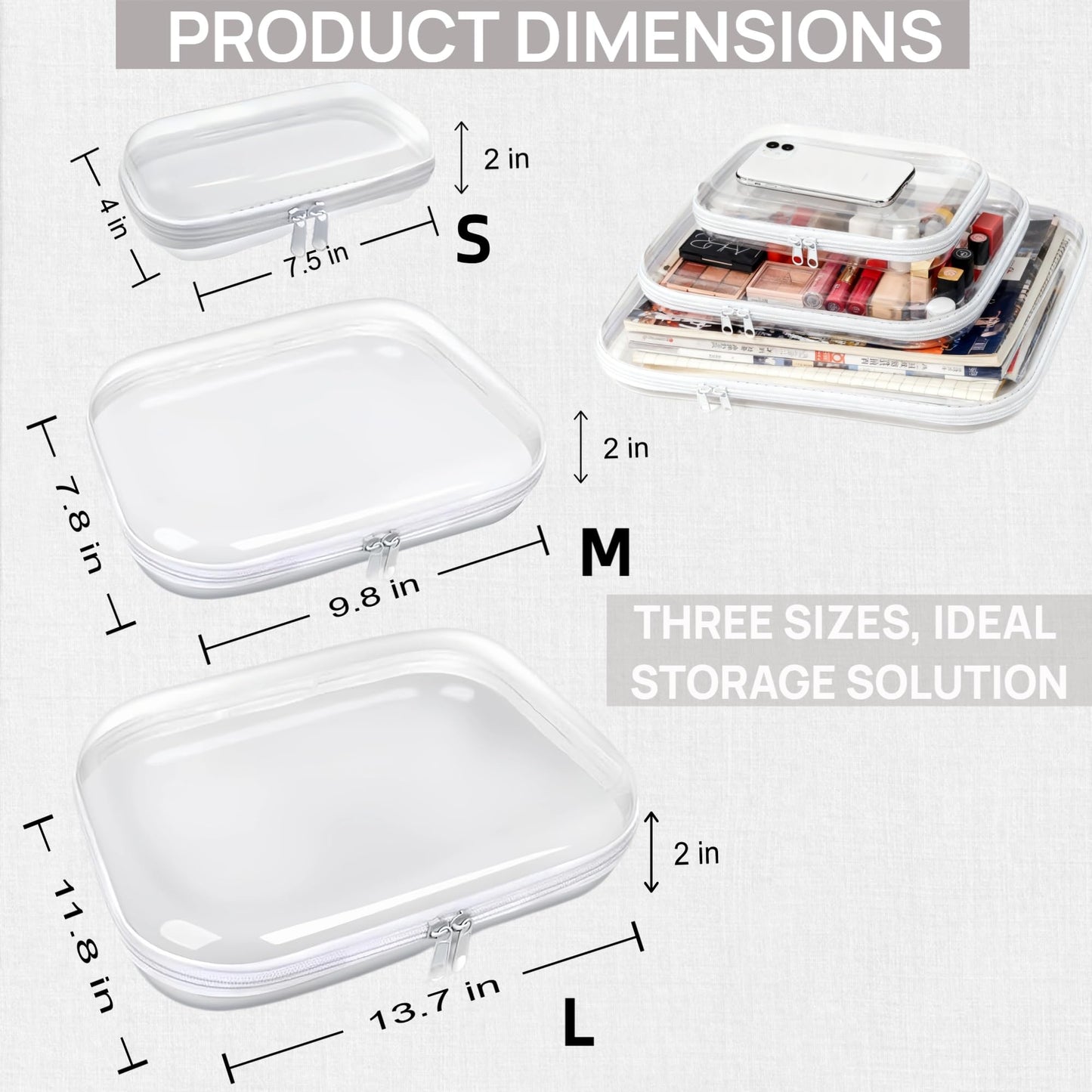 PGAXM 3PCS Clear Hard Plastic Zipper Case, Double Zippers Hard Pouch, Portable Travel Organizer Bin Clear Makeup Bag for Toy Storage, Snack Bag, Cosmetics, Diaper Bag, Toiletry Bag (3PCS-L)