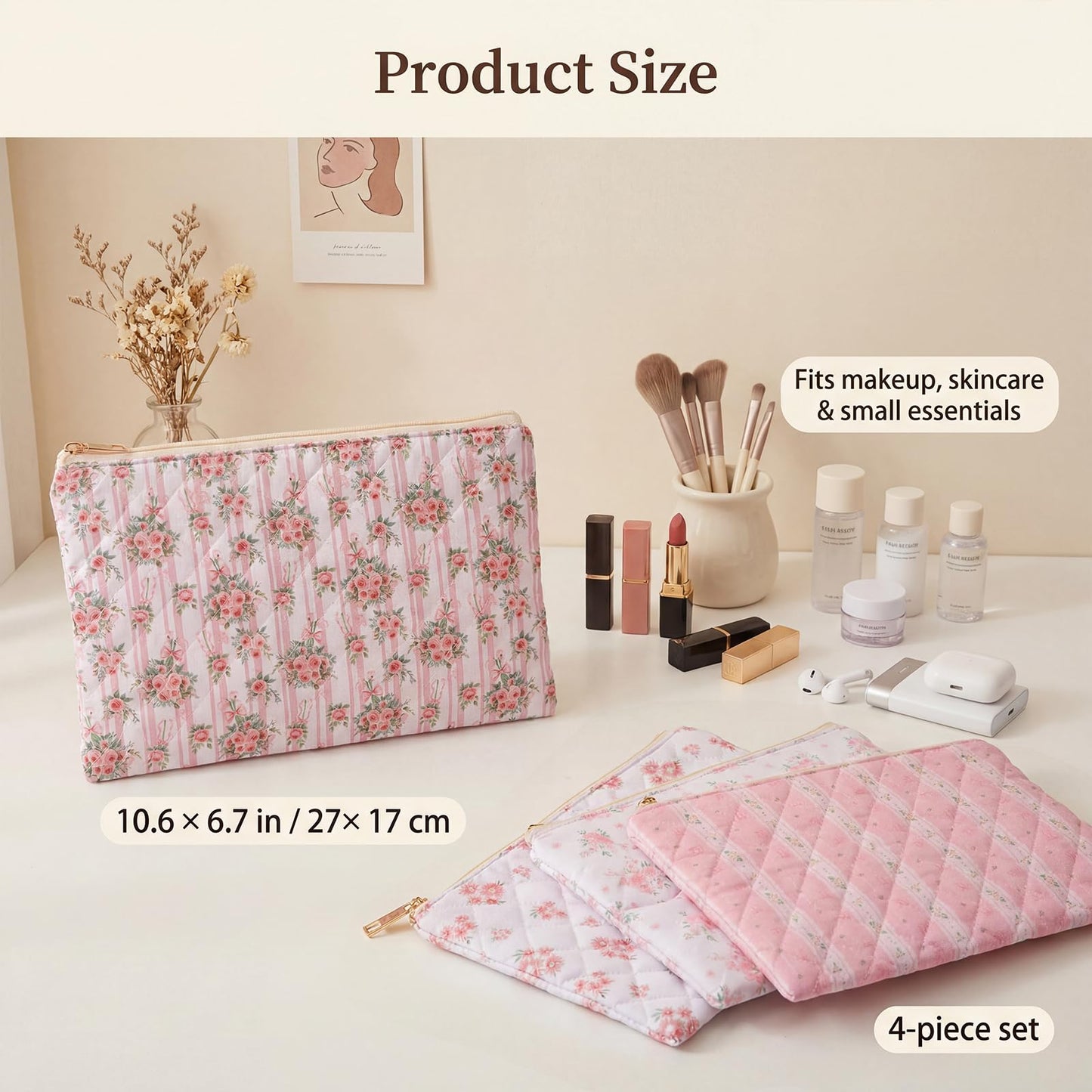 Pimoys Cotton Makeup Bag, Pink Floral Cosmetic Pouch, Zipper Travel Case