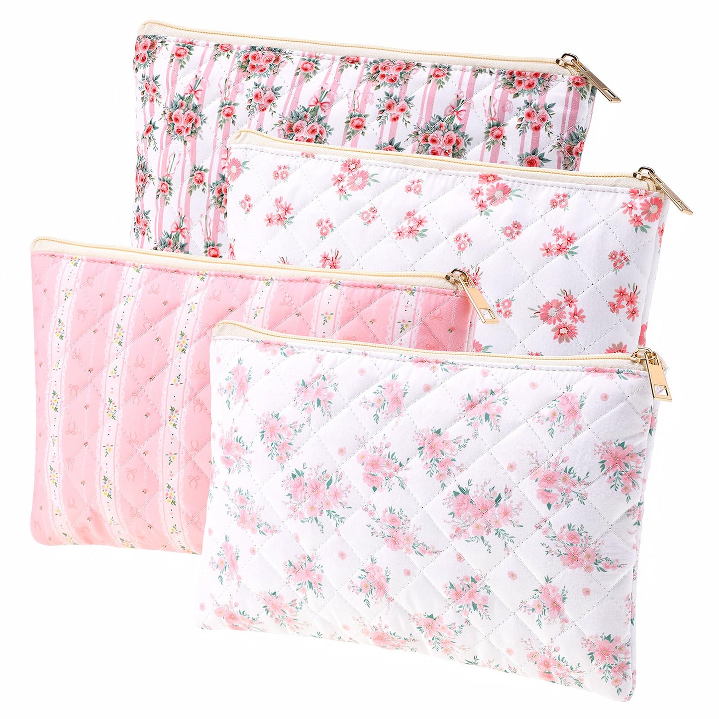 Pimoys Cotton Makeup Bag, Pink Floral Cosmetic Pouch, Zipper Travel Case