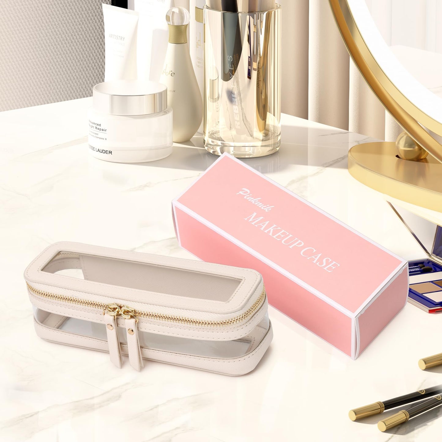 Pinkmik Makeup Brush Case Clear Travel Cosmetic Bag Beige