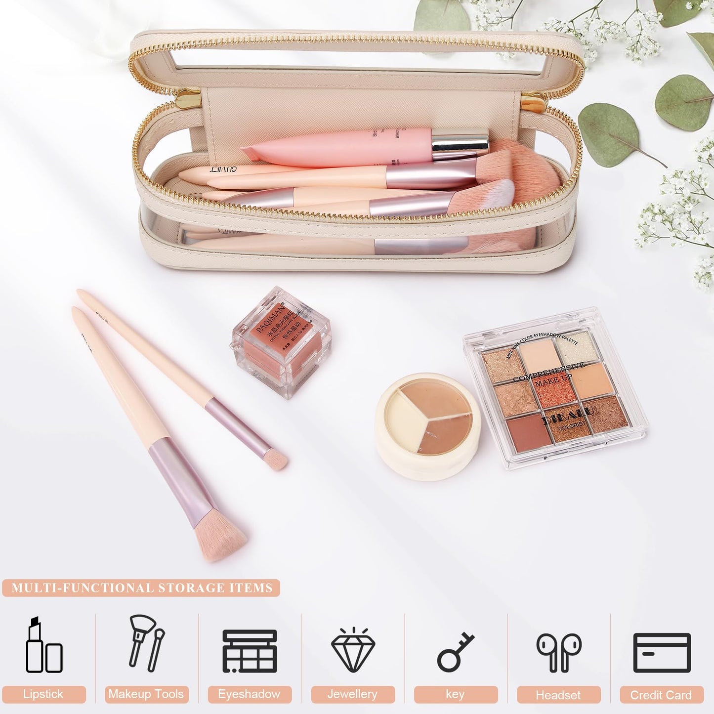 Pinkmik Makeup Brush Case Clear Travel Cosmetic Bag Beige