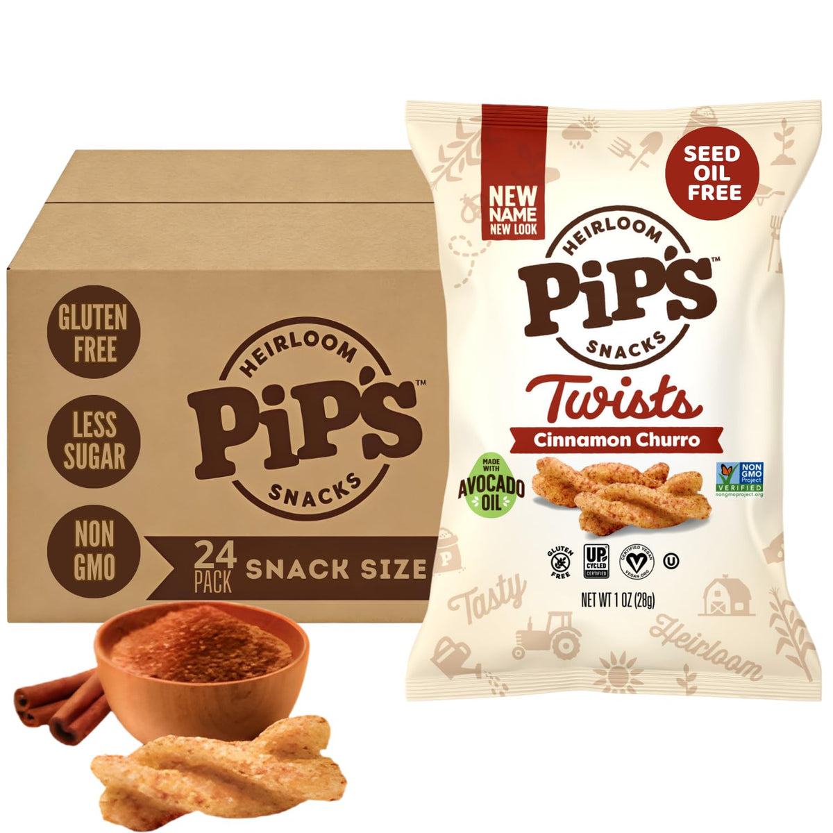Pip's Heirloom Cinnamon Churro Twists – 1 oz Bags (24 Pack) | Gluten Free, Non-GMO, Upcycled Corn