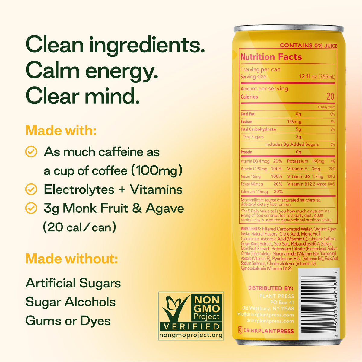 Plant Press Organic Energy Drink — 100 mg Caffeine, Full Vitamin Range, Electrolytes | Variety Pack (12 x 12 oz)