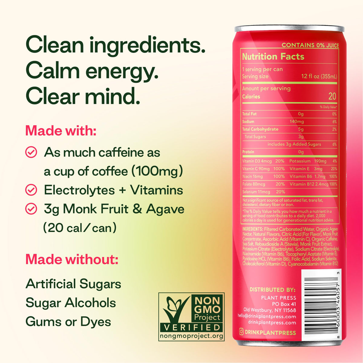 Plant Press Watermelon — Organic Energy Drink, 100 mg Caffeine, Electrolytes, No Preservatives (12 Pack)