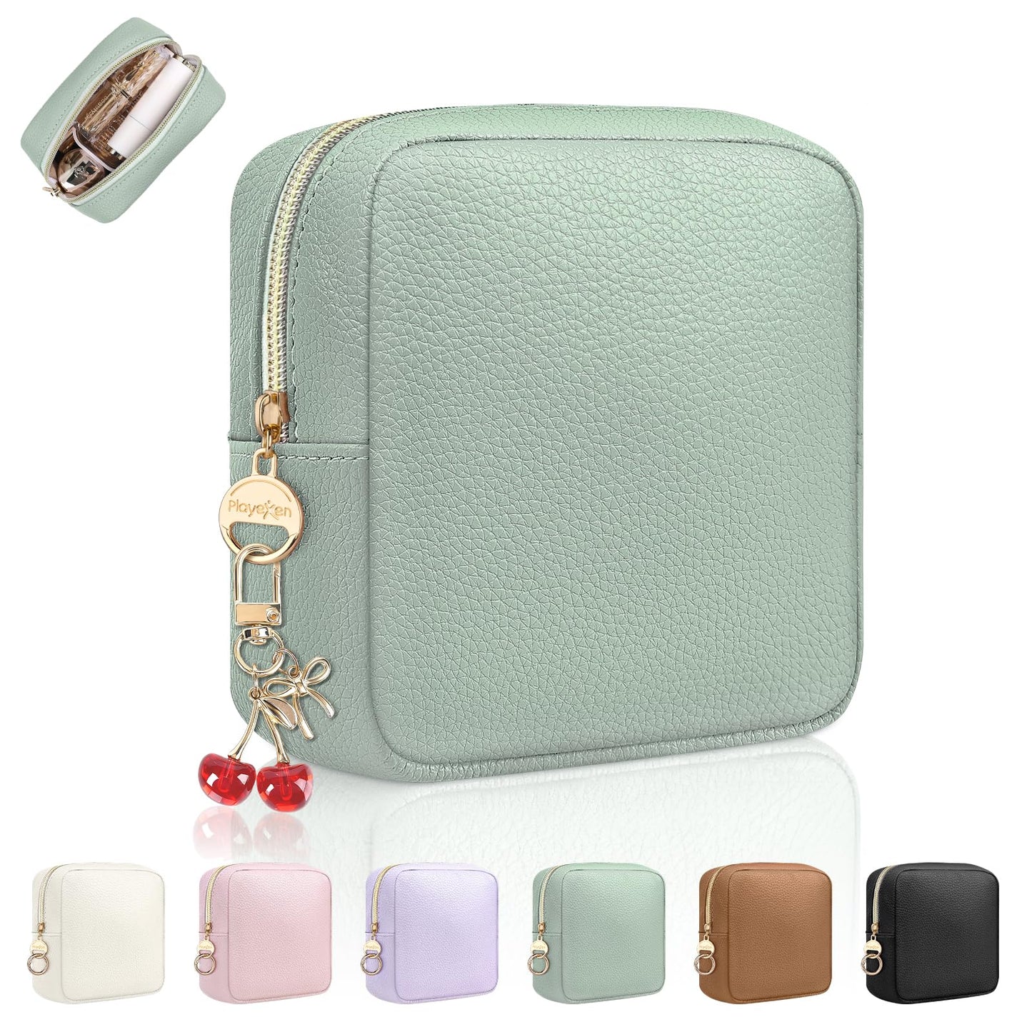 Playexen 4.9" Small Makeup Bag for Purse, PU Mini Cosmetic Bag with Ring Buckle, Portable Small Makeup Travel Toiletry Pouches for Women, Birthday/Wedding/Christmas Gifts (Green)
