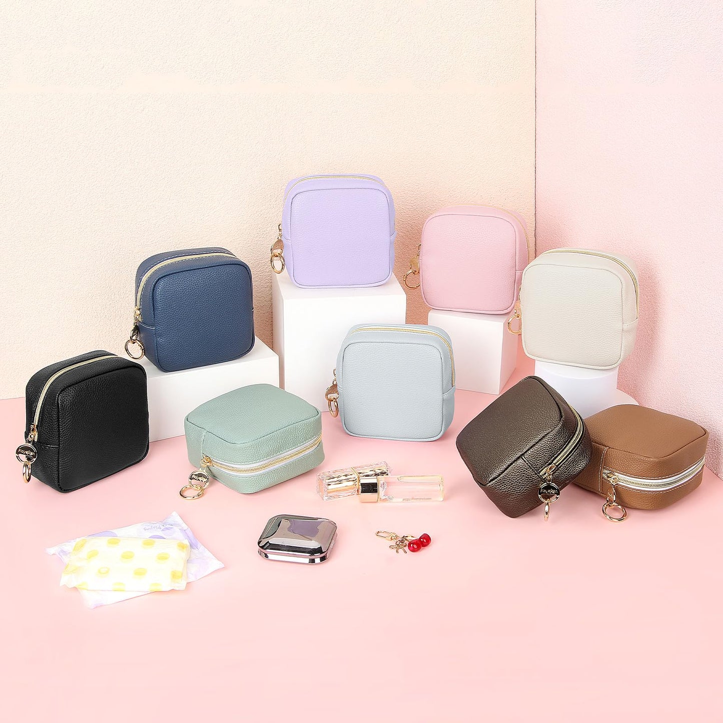 Playexen 4.9" Small Makeup Bag for Purse, PU Mini Cosmetic Bag with Ring Buckle, Portable Small Makeup Travel Toiletry Pouches for Women, Birthday/Wedding/Christmas Gifts (Green)