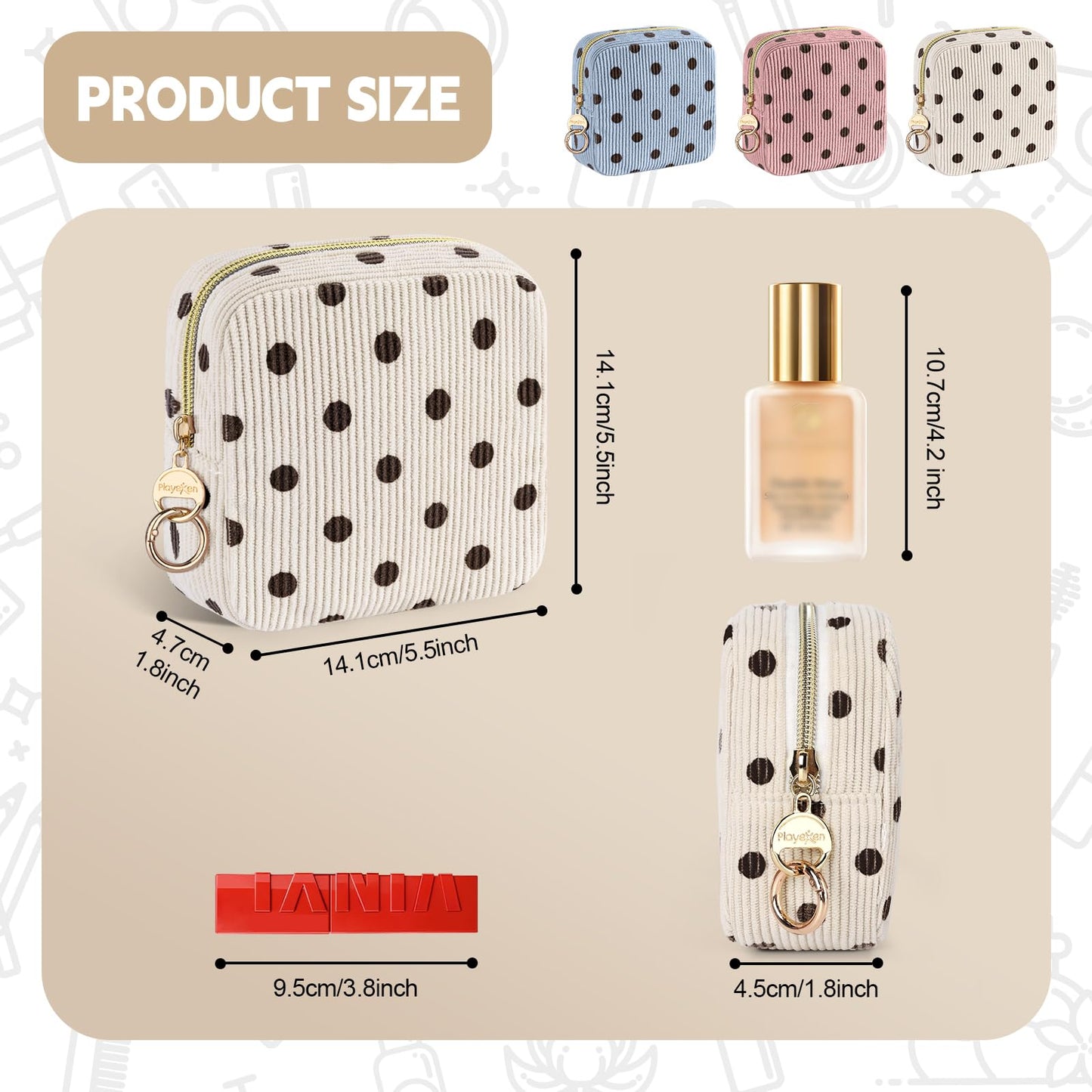 Playexen Corduroy Mini Makeup Bag, Small Cosmetics Bag for Purse, D-Beige