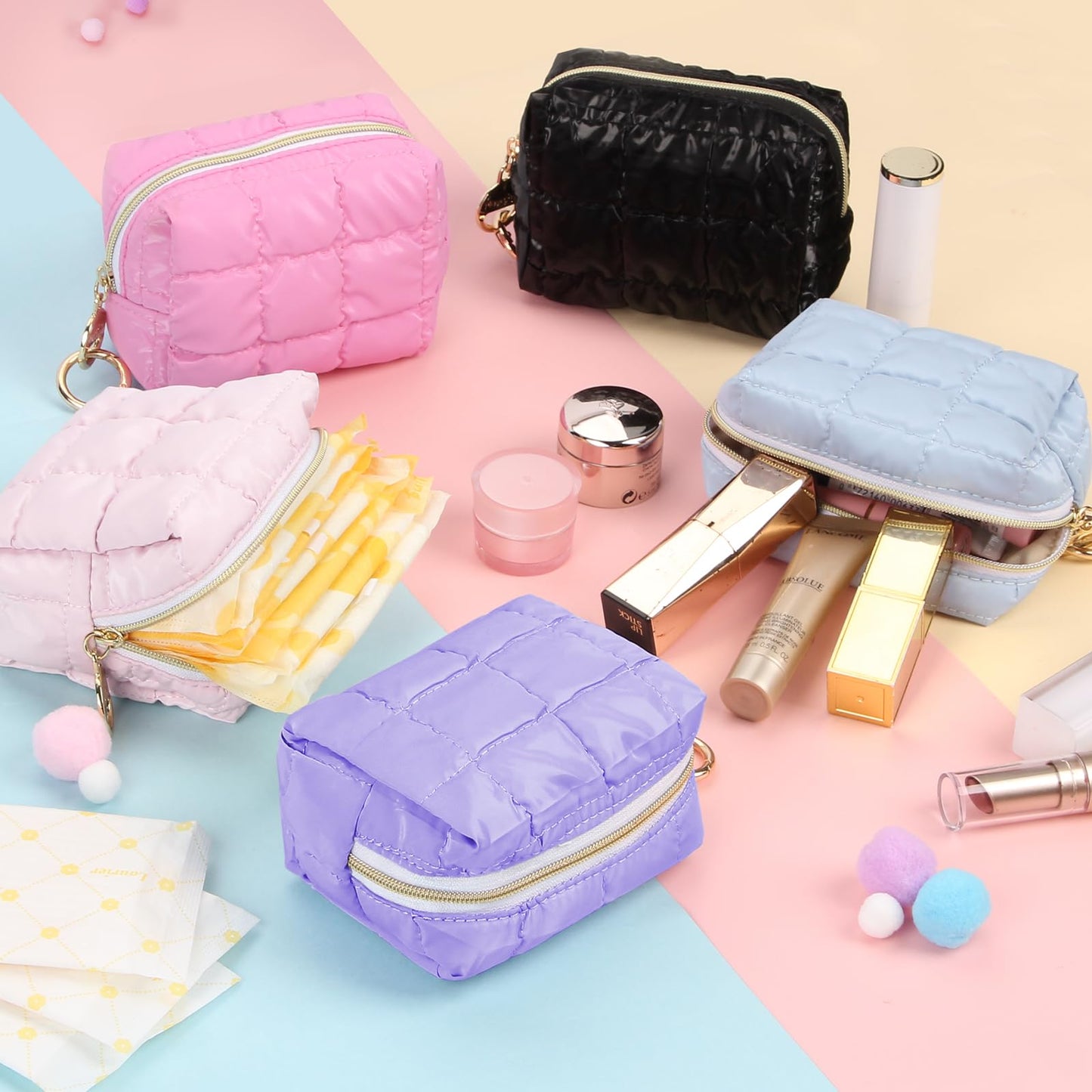 Playexen Puffy Mini Makeup Bag, Cute Quilted Small Cosmetic Bag for Purse, Portable Travel Makeup Pouch for Lipsticks, Chapsticks, Earphone, Credit Card, Birthday/Wedding/Christmas Gifts (Pink)