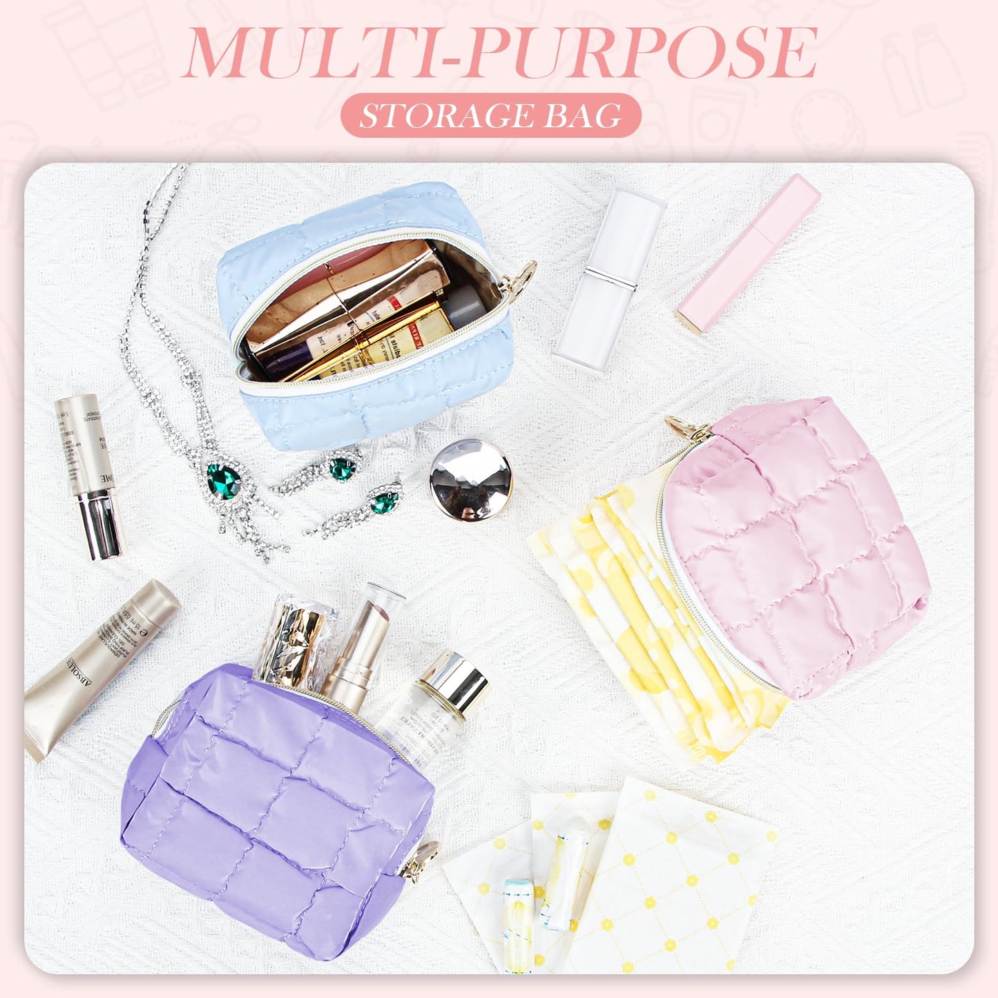 Playexen Puffy Mini Makeup Bag, Cute Quilted Small Cosmetic Bag for Purse, Portable Travel Makeup Pouch for Lipsticks, Chapsticks, Earphone, Credit Card, Birthday/Wedding/Christmas Gifts (Pink)